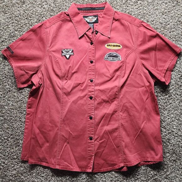 Harley-Davidson Tops - Vintage Harley Davidson Shirt Womens XL 2W Red Motorcycle Button Up Shop Shirt